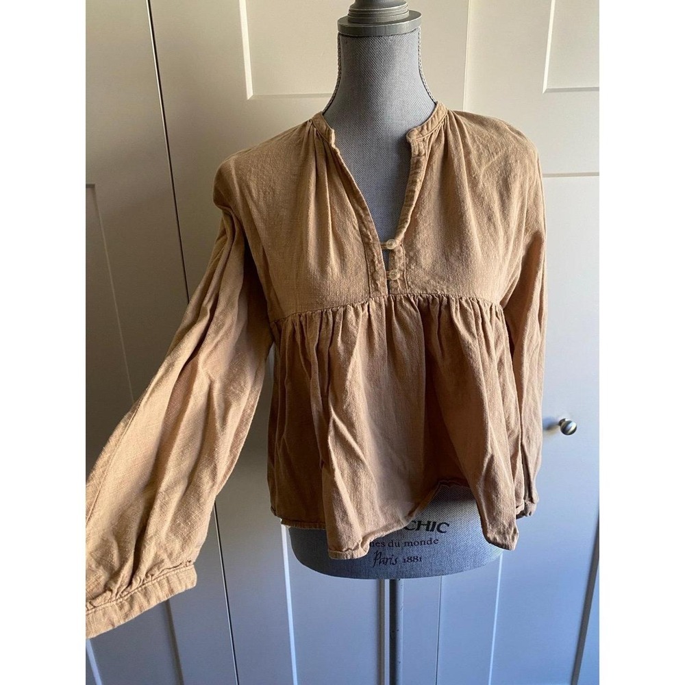 Harly Jae Linen Tan Babydoll Top Small Medium Cropped Beach Travel s48